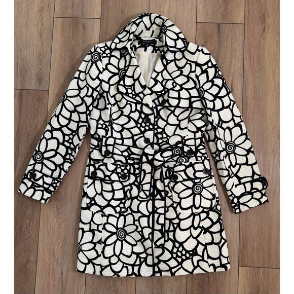 Nine West Suit Black White Floral Short Trench Coat City Sexy Size 8 Fitted Chic - Picture 3 of 16
